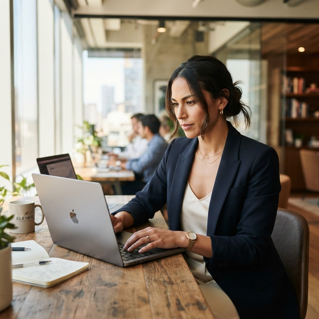 Business executive focused at a laptop in a modern office