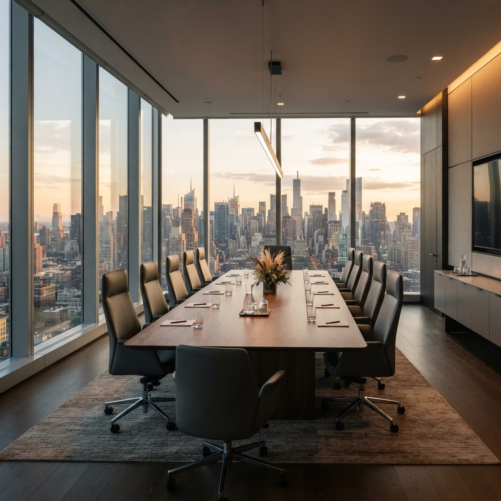 Executive office overlooking a city skyline at dusk