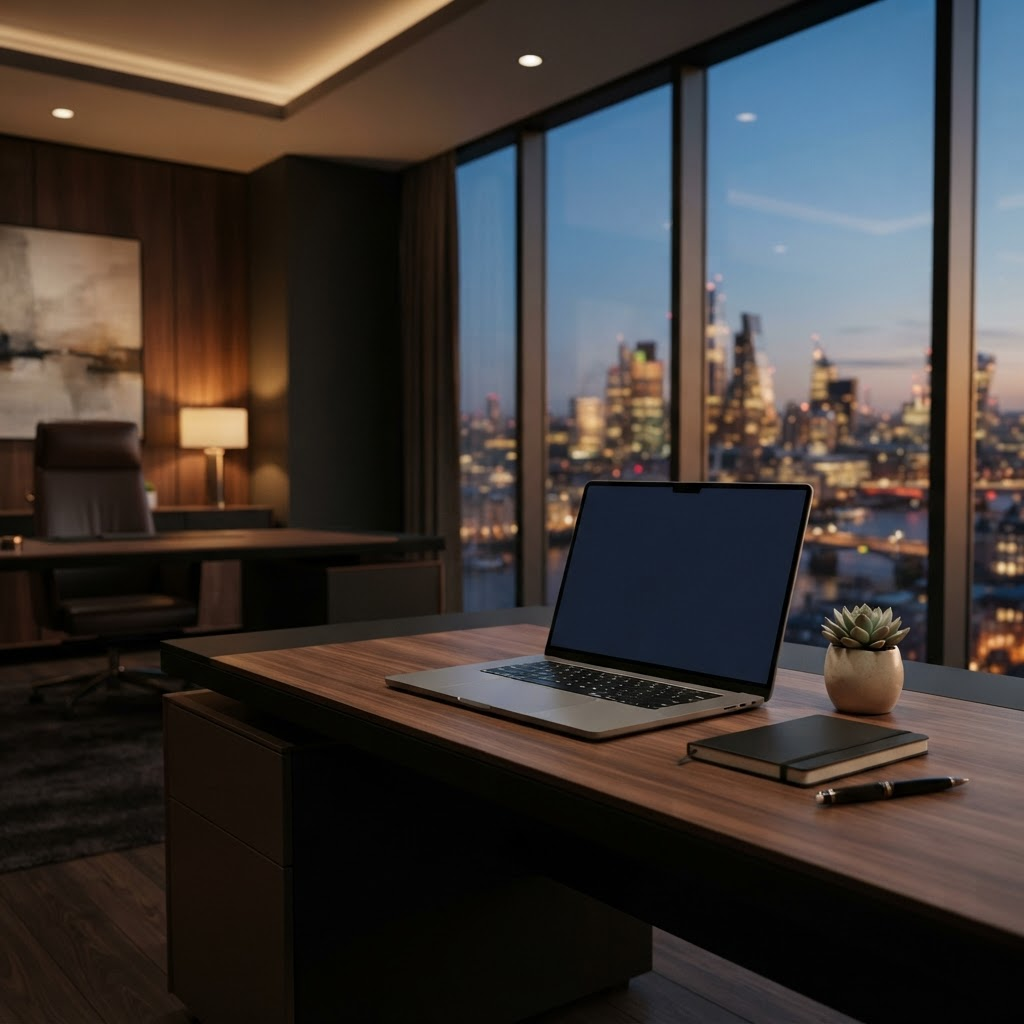Premium executive office at dusk with a large open laptop on a modern desk overlooking a city skyline
